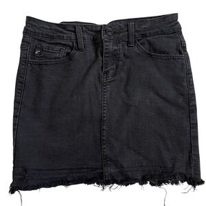 KanCan Mini Jean Skirt Raw Hem Distressed Stretch Black Denim Womens Extra Small